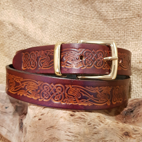 Brown leather celtic dragon belt