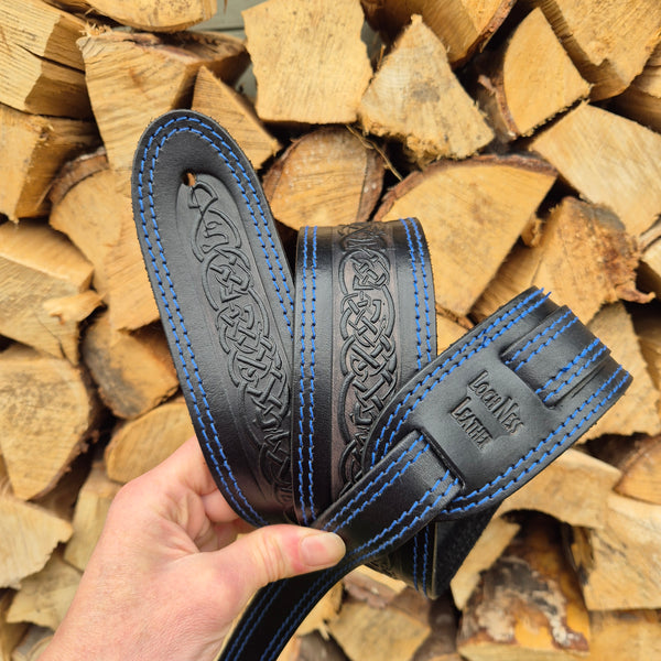 Celtic Guitar Strap - Black with Blue Stitching