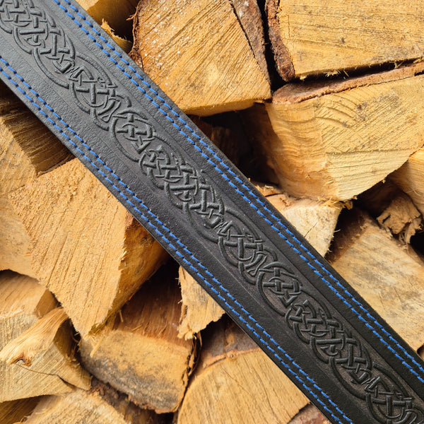 Celtic Guitar Strap - Black with Blue Stitching
