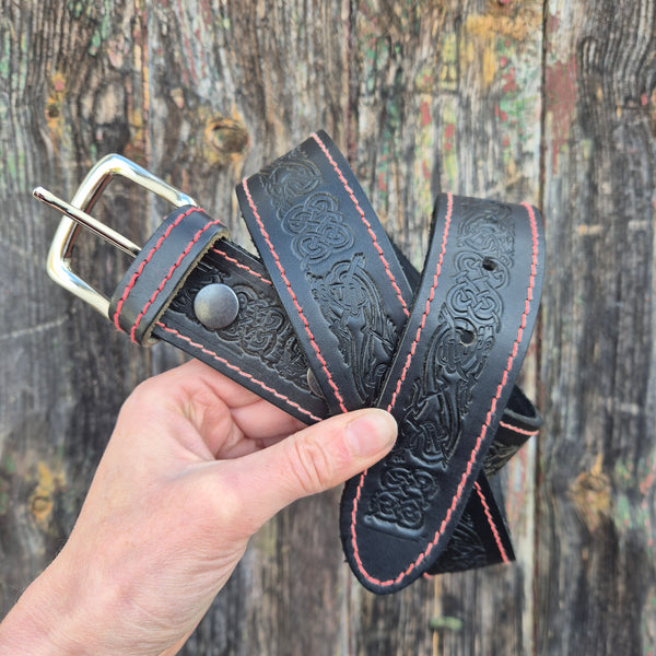 Black Embossed Belt with Red Stitching - L