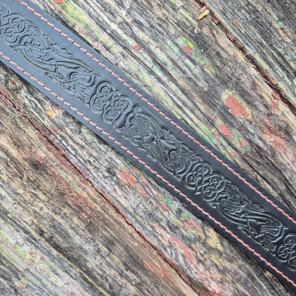 Black Embossed Belt with Red Stitching - L