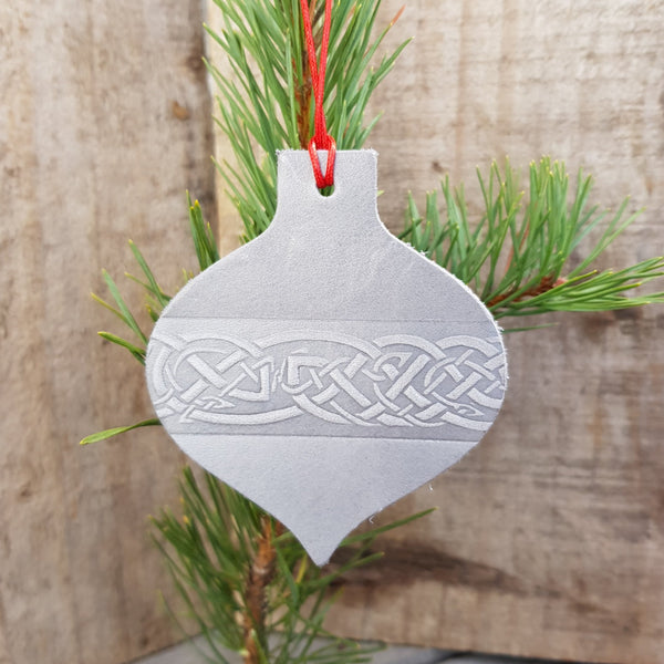 Silver grey leather christmas tree decoration in bauble shape with celtic knot design