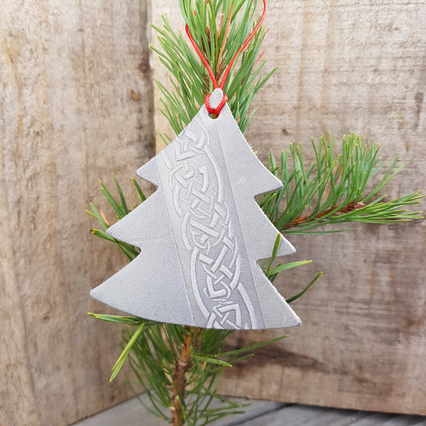 Silver grey leather christmas tree shaped decoration with celtic knot design