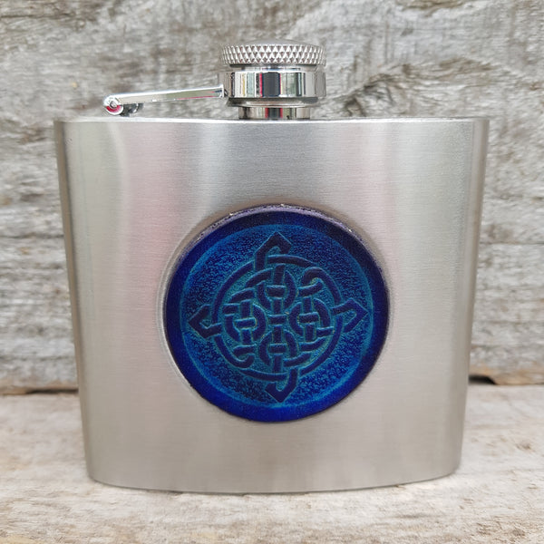 5oz stainless steel hip flask with blue celtic knot