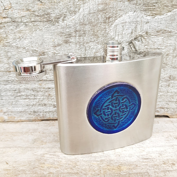 Blue celtic knot stainless steel hip flask