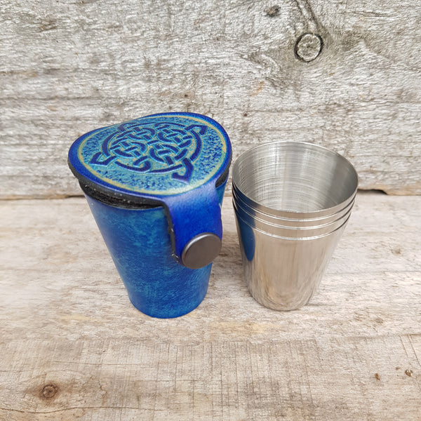 Hand dyed blue leather case with 4 stainless steel dram glasses