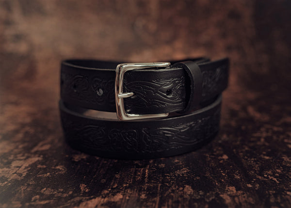Dragon Celtic narrow black leather belt