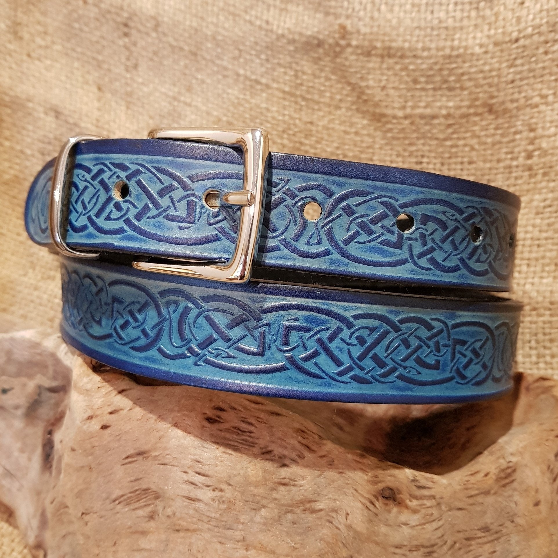 Narrow blue leather celtic belt