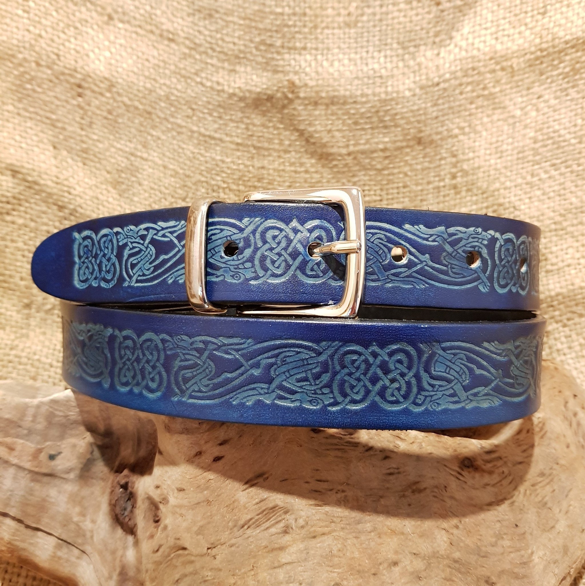 Narrow blue leather belt dragon celtic
