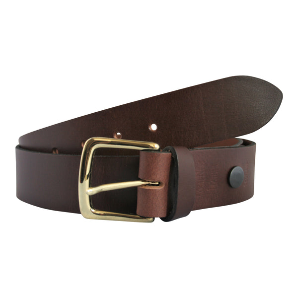 Wide brown leather belt with brass buckle