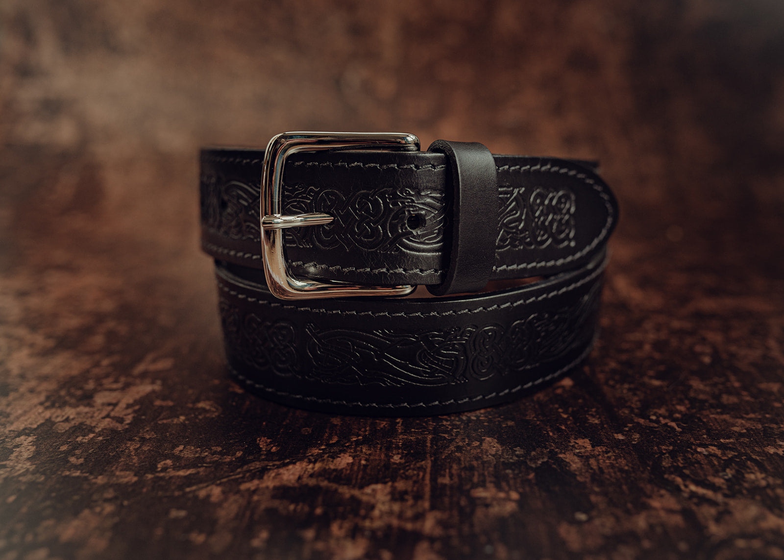 Wide black leather dragon embossed belt