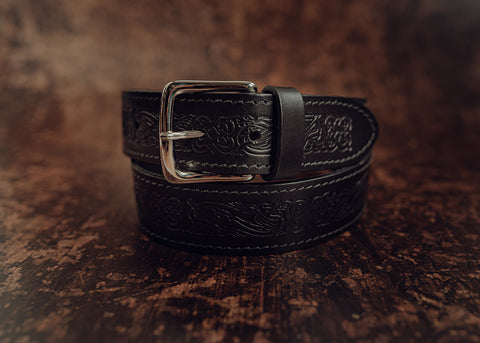 Wide black leather dragon embossed belt